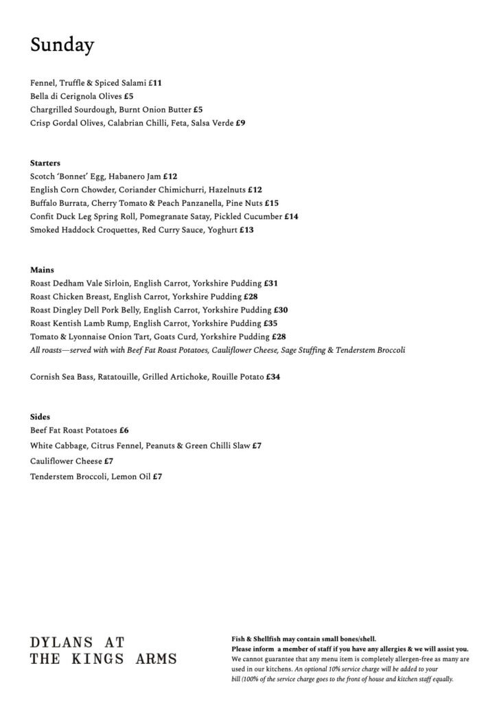 Dylans Sunday Menu